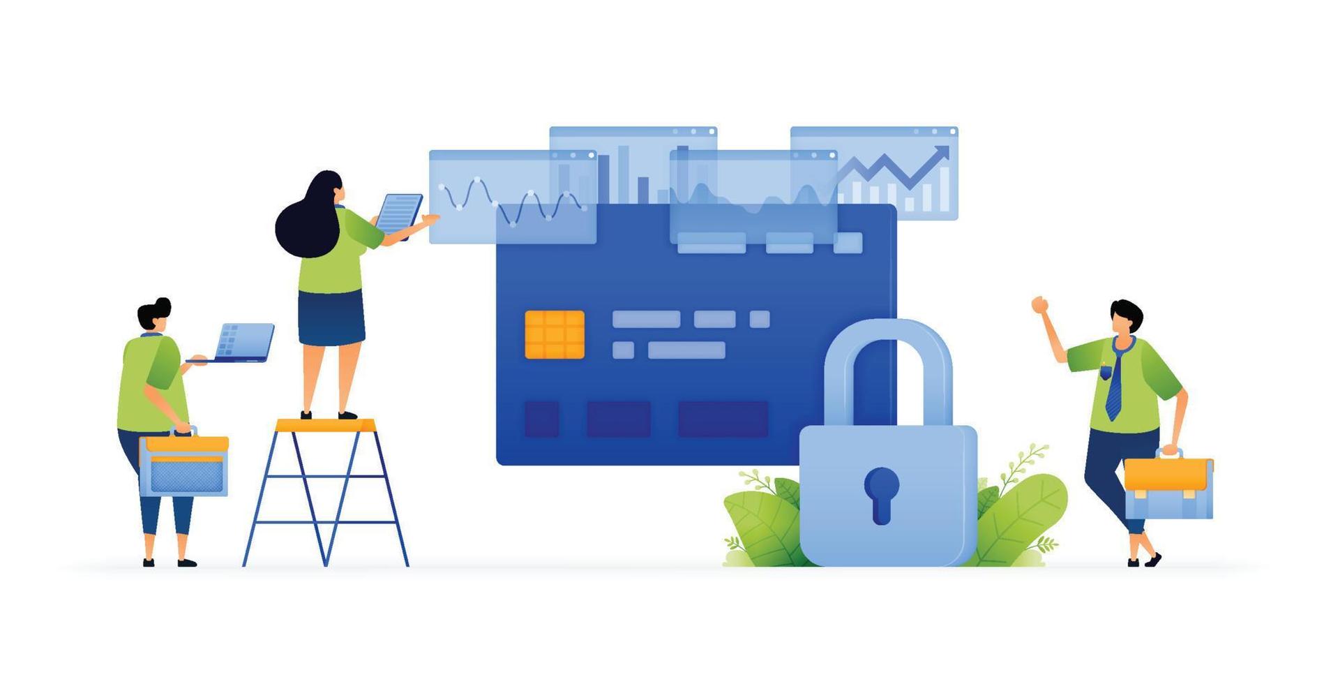 Vector illustration of financial intelligence on protecting credit card data. Safe and secure on credit card systems. Balancing security and spending. Can use for ad, poster, campaign, website, apps