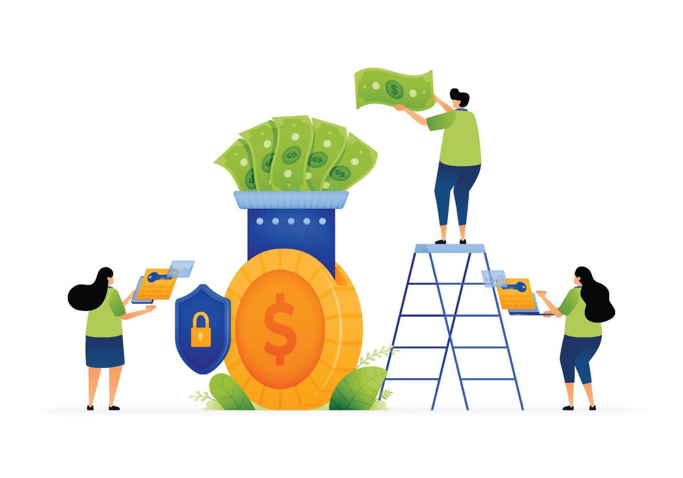 Vector illustration of savings machine and money matters. Power of banking innovation. Empowering future banking in wealth accumulation. Can use for ad, poster, campaign, website, apps, social media