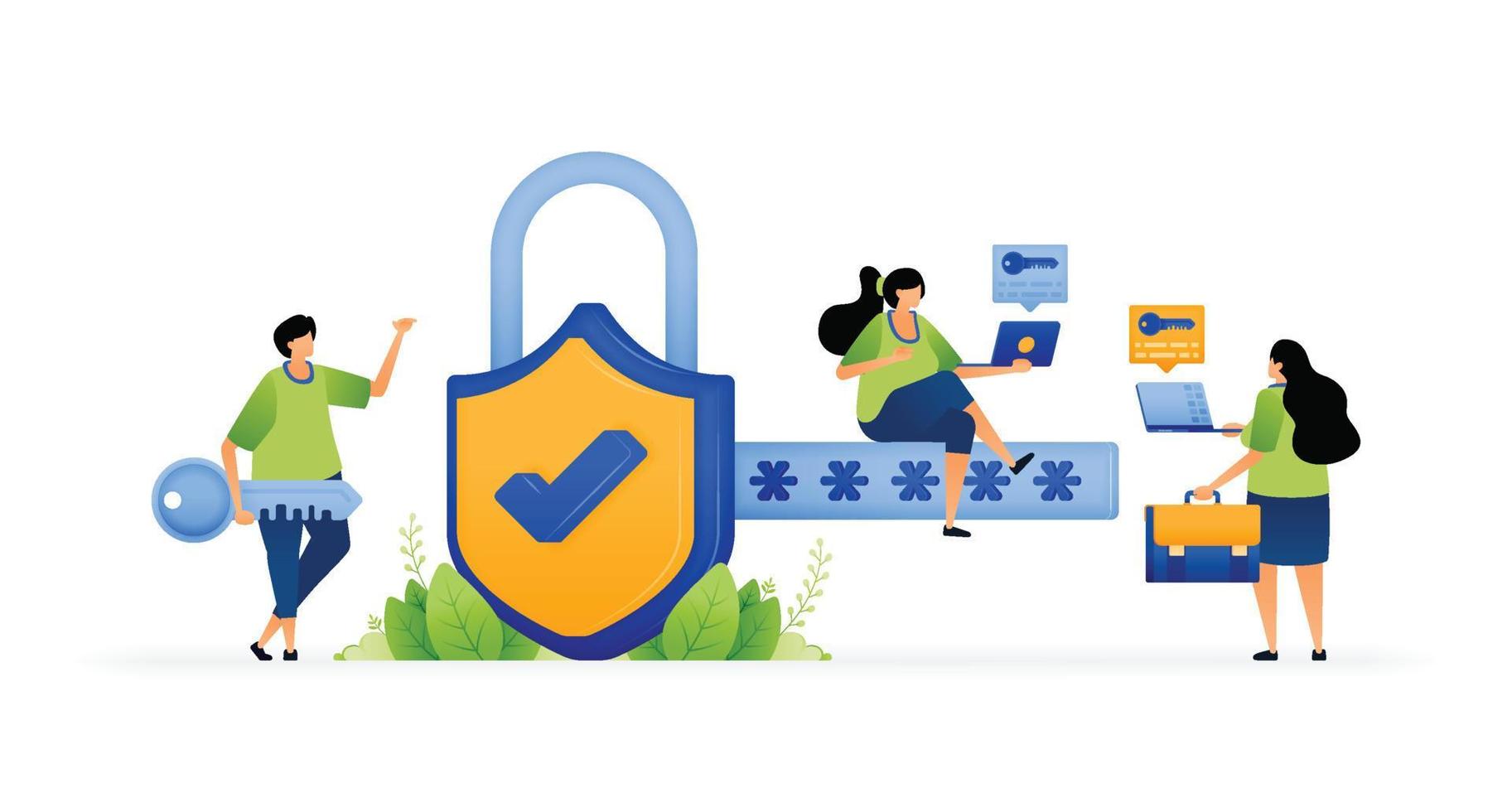 Vector illustration of locking down security. Ultimate defense on shield shaped padlock with key and password. Protecting and safeguarding data privacy. Can use for ad, poster, campaign, website, apps