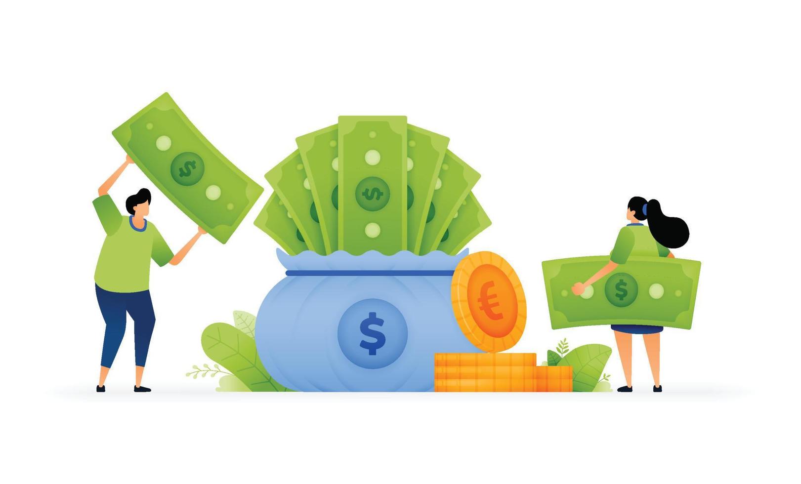 Vector illustration of stashing savings on greenbacks. Investing for the future. Full sacks of dollar bills. Secure future on piling up dollar bills. Can use for ad, poster, campaign, website, apps