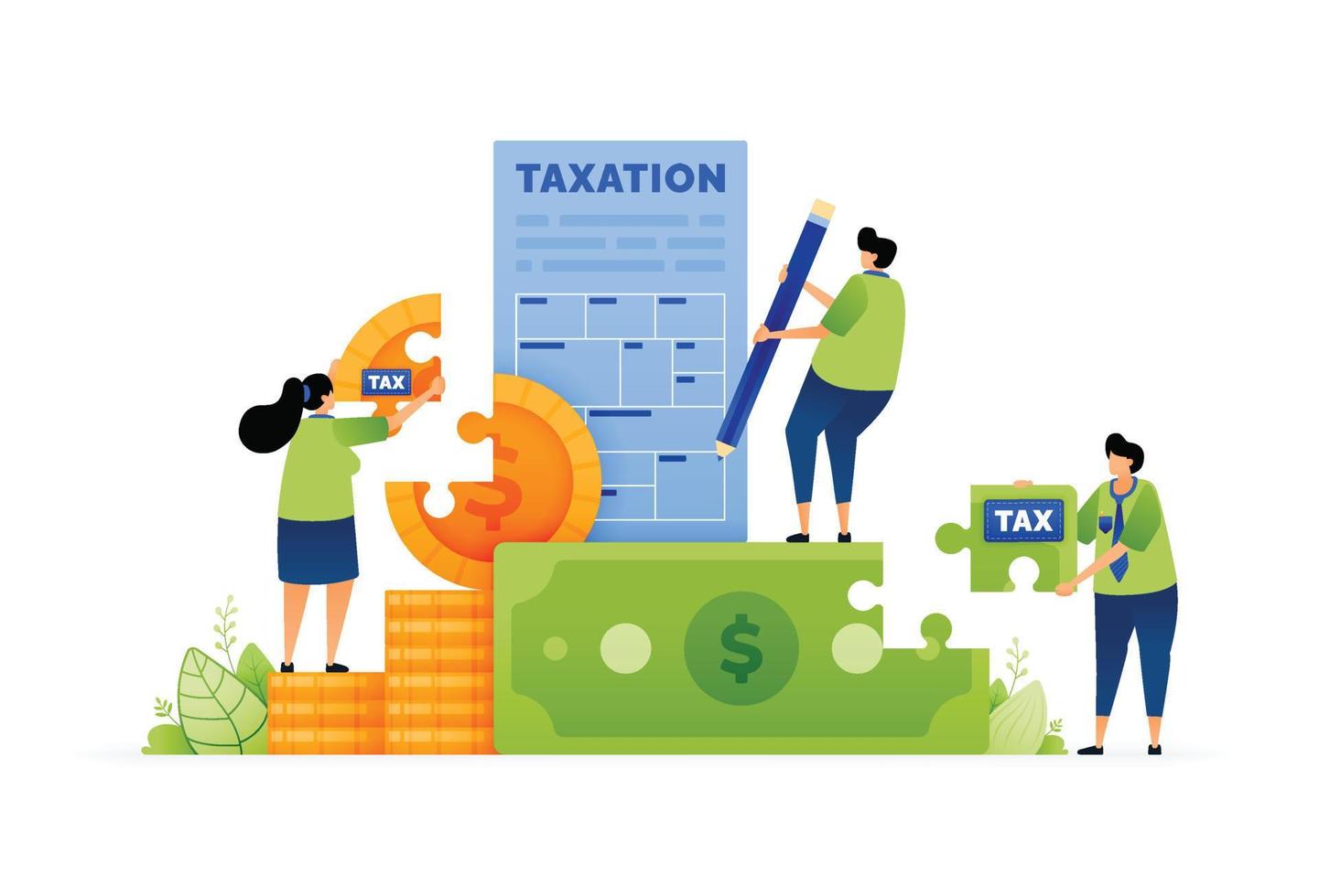 Vector illustration of Tax Time. Paying and Preparation on Filling Out Tax Forms and Managing Money. Planning and Completing Tax Forms. Can use for ad, poster, campaign, website, apps, social media