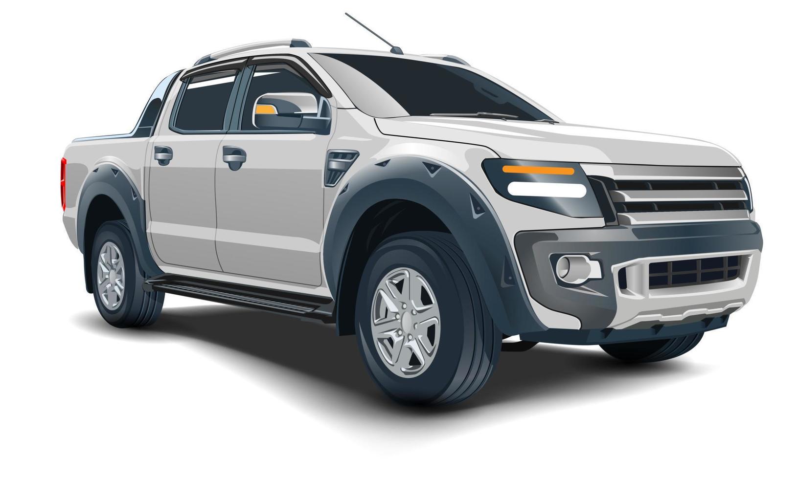 Realistic 3D vector grey pickup four doors on white background
