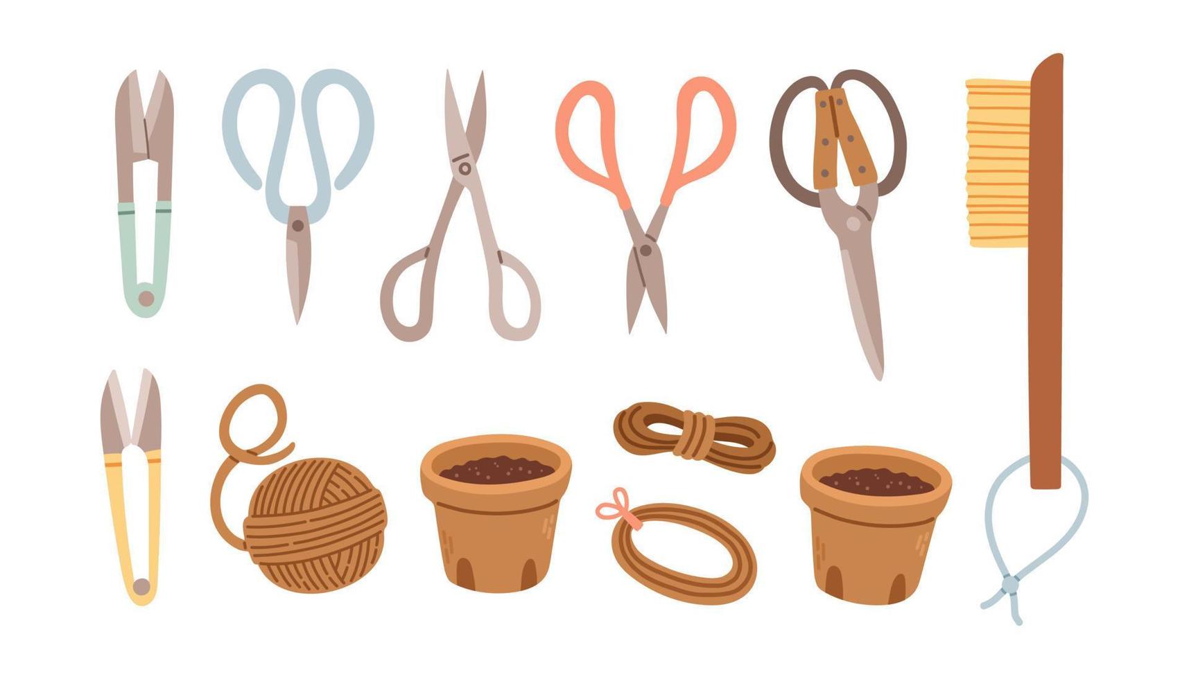 conjunto de artículos de jardinería en estilo dibujado a mano. herramientas agrícolas y de jardín para trabajos de primavera. vector aislado en blanco