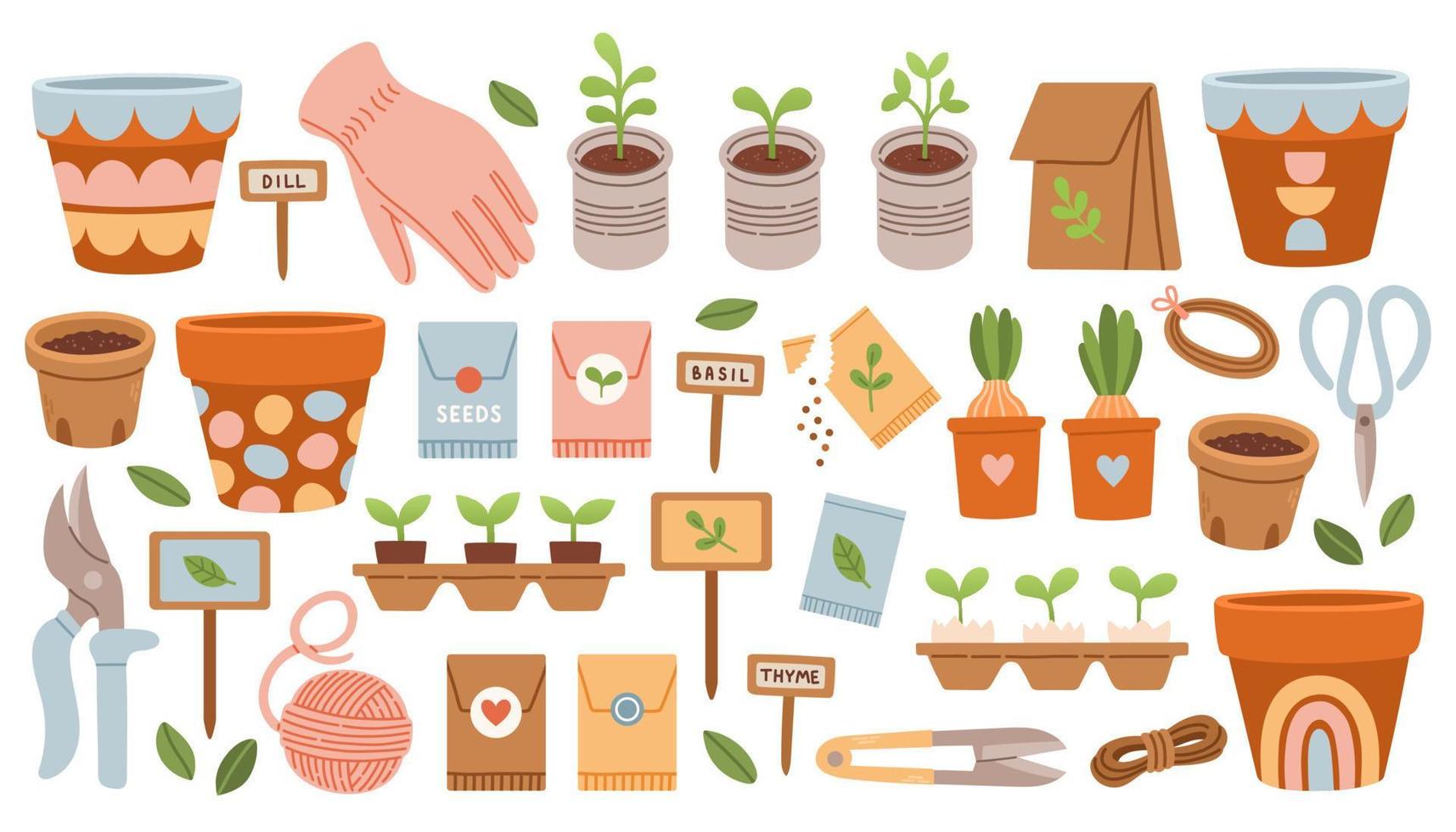 Home garden tool set. Vector isolated cute spring garden elements clay pots, onion flowers, seeds, gardeners tool.