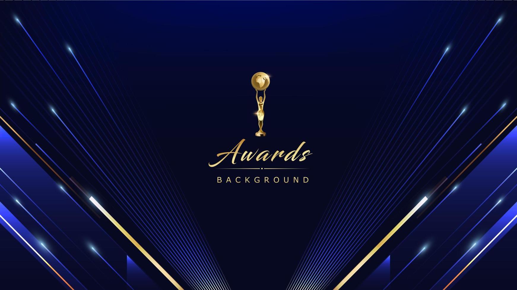 Dark Blue Golden Royal Awards Graphics Background. Lines Growing Elegant Shine Spark. Luxury Premium Corporate Abstract Design Template. Classic Shape Post. Center LED Screen Visual. Lights Fireworks vector