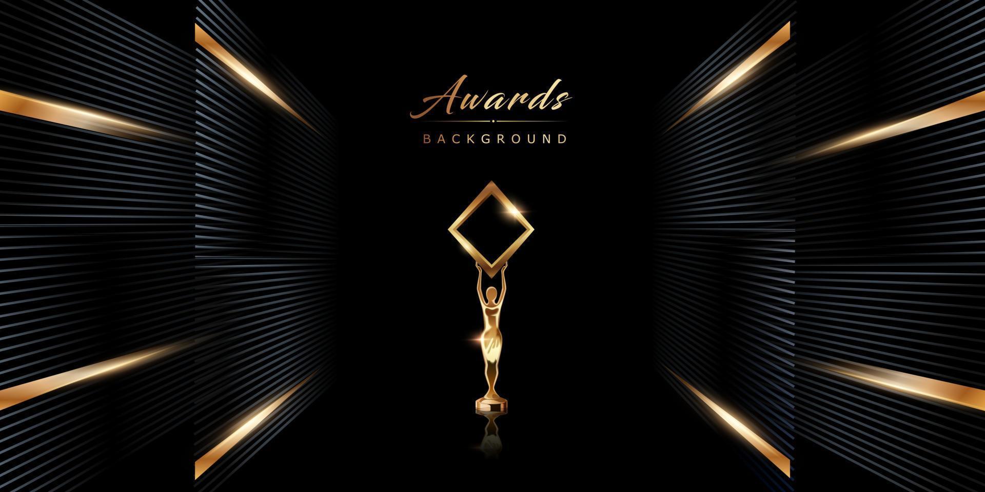 Dark Black Golden Stage Award Background. Trophy on Luxury Background. Grey Side Lines Dynamic Modern Abstract Design Template. LED Visual Motion Graphics. Wedding and Bollywood Invitation Poster. vector