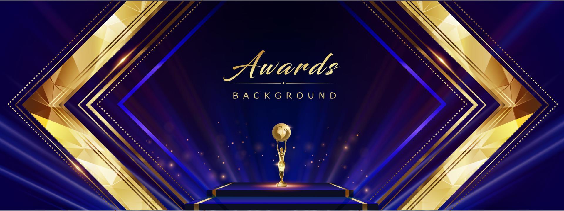 Blue Golden Polygonal Edge Frame Stage Spotlights. Royal Awards Graphics Background. Lights Elegant Shine Modern Template. Luxury Premium Corporate Template. Diamond shape Abstract trophy Certificate vector