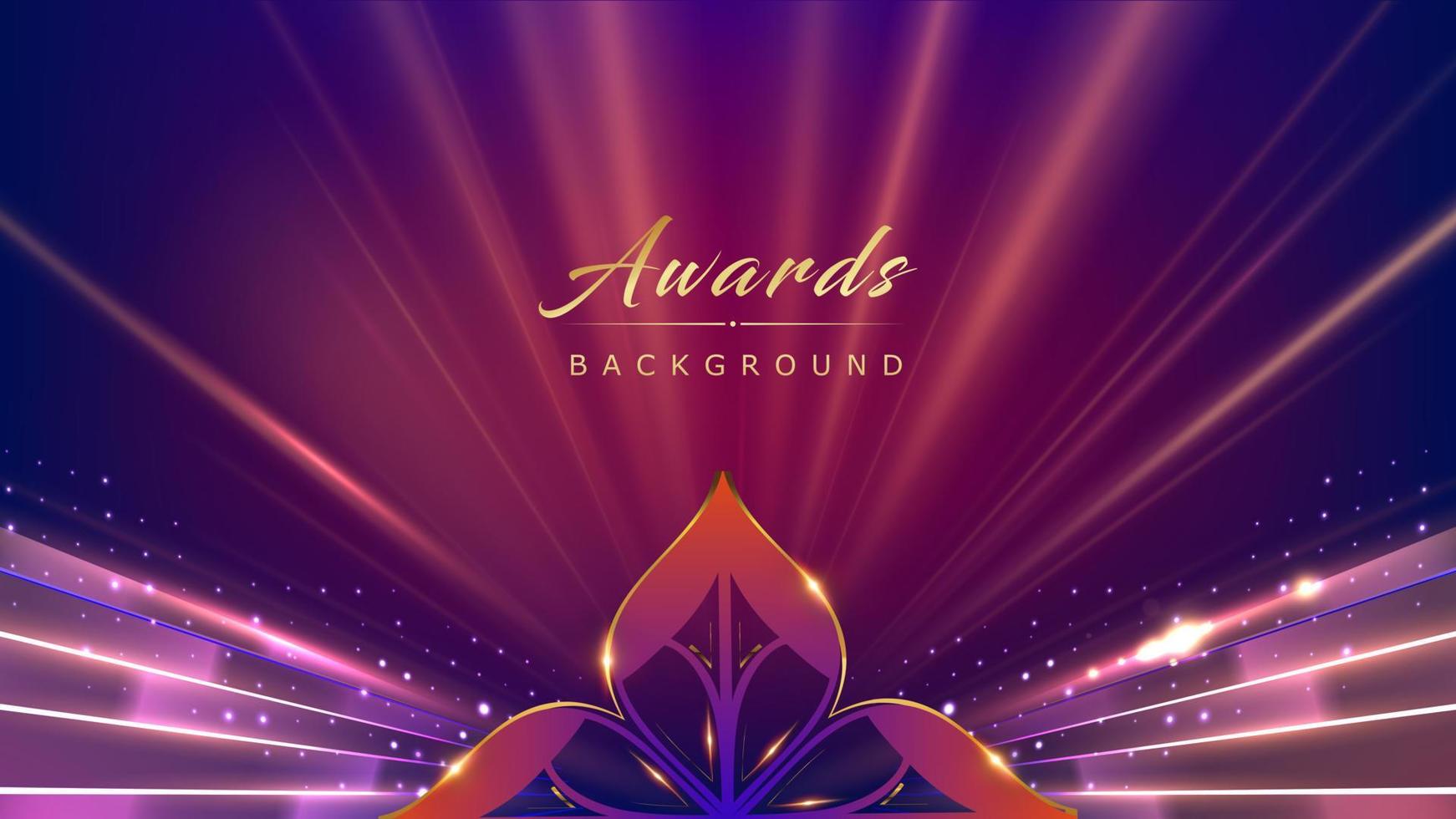 Golden Blue Pink Award Background. Leaf Flower Lotus Traditional Rays Sparkle Glowing Effect. Jubilee Night Decorative Invitation. New Trend Shining Marketing Visual. vector