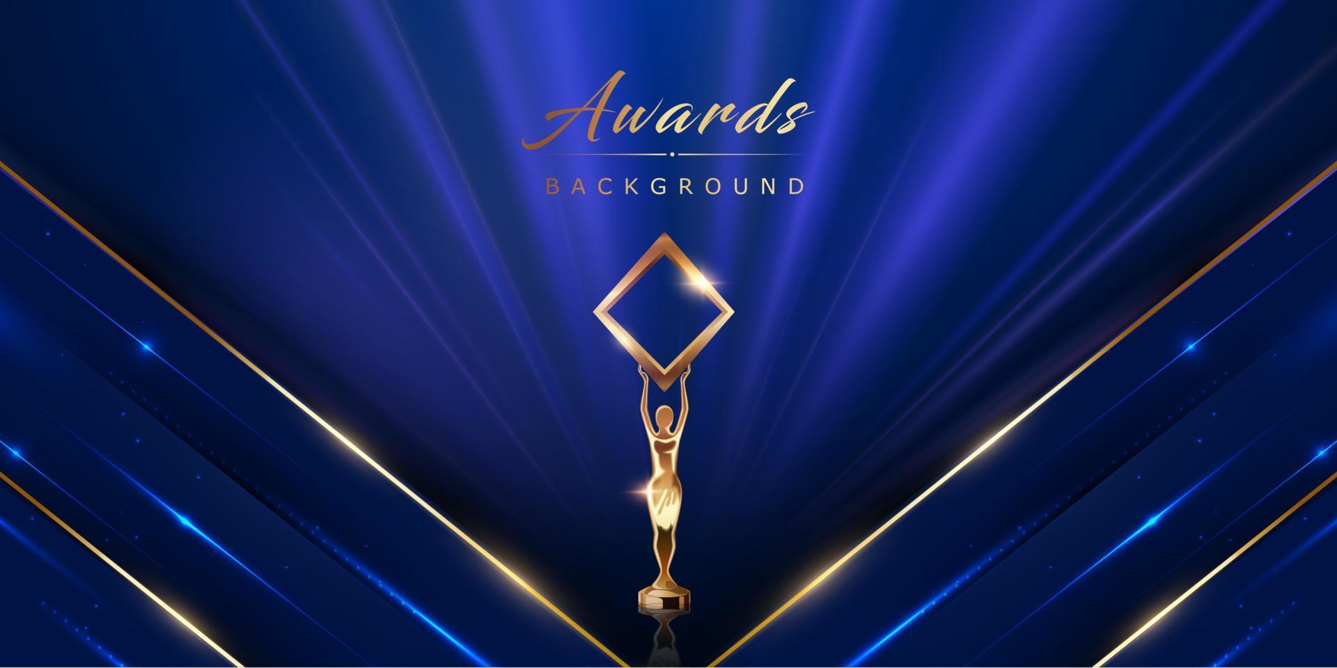 Blue Golden Stage Award Background. Trophy on  Luxury Background. Modern Abstract Design Template. LED Visual Motion Graphics. Wedding Marriage Invitation Poster. Side Corner Beautiful Lines Effect. vector