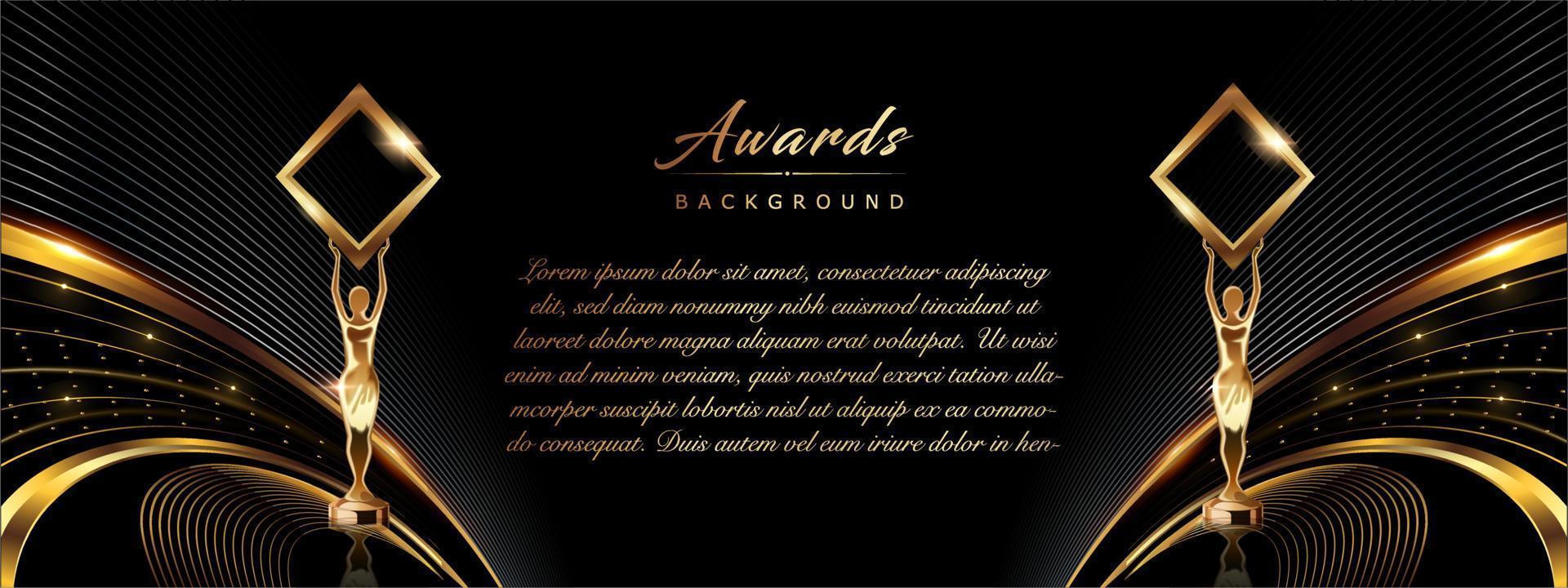 Black Golden Side Corner Wave Flowing Lines Award Background. Trophy on Luxury Background. Modern Abstract Design Template. LED Visual Motion Graphics. Wedding Invitation Poster. Certificate Design. vector