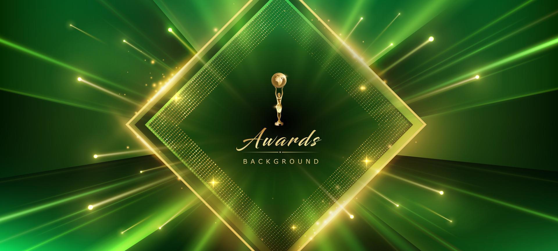 Green Golden Award Background. Diamond Luxury Graphics. Stage Motion Visuals. Islamic Eid Festival Post. Elegant Luxury Shine Modern Template Certificate. Spotlight Rays Coming Stars Effect. vector