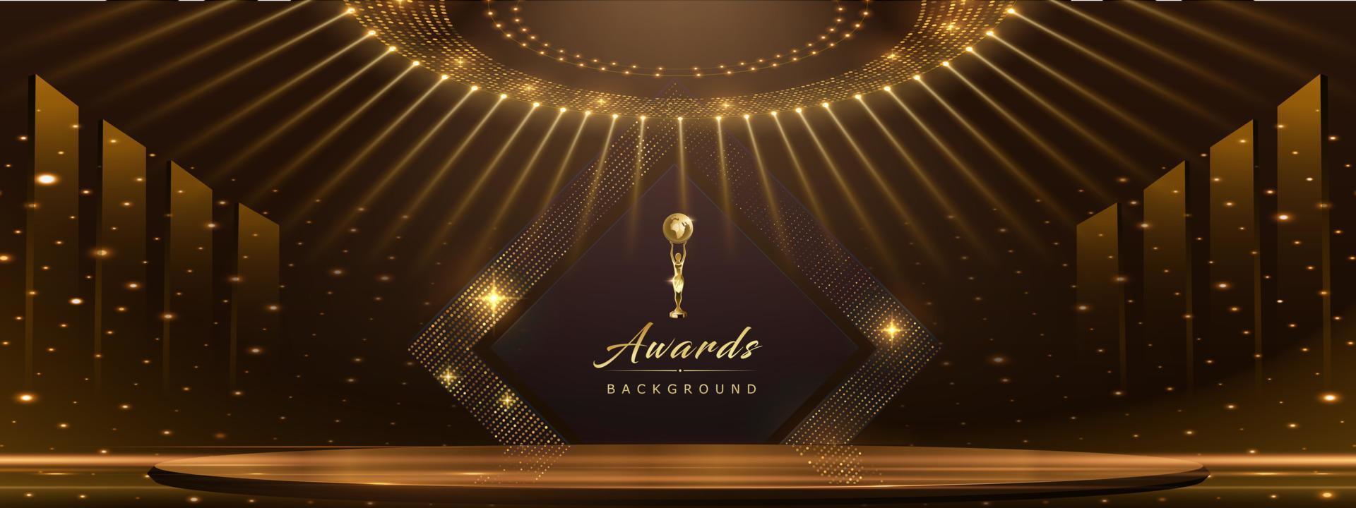 Golden Stage Spotlights Royal Awards Graphics Background. Lights Elegant Shine Modern Template. Space Falling Star Particles Corporate Template. Classy speedy lines Abstract trophy Certificate Banner. vector