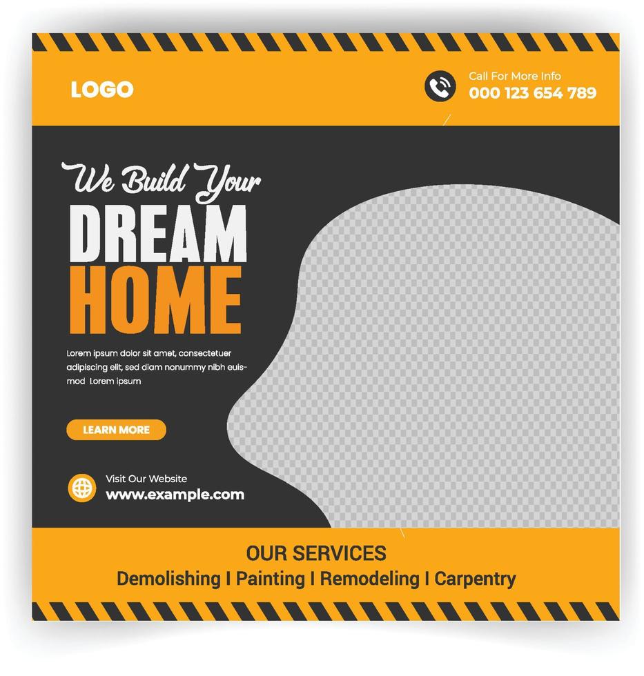 Construction social media post banner design Template with yellow color, Corporate construction tools social media post design, home improvement banner template, home repair social media post vector