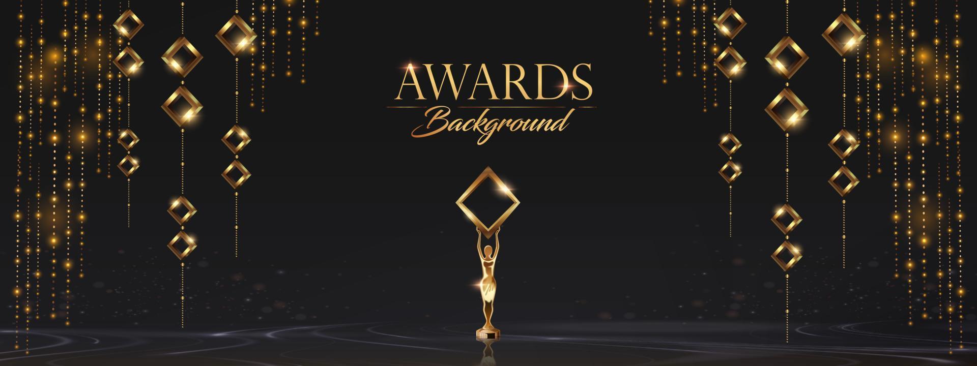 Black and Golden Stage Royal Awards Graphics Background. Lights Elegant Shine Modern Template. Thread Falling Star Particles Corporate Template. Classy speedy lines Abstract trophy Certificate Banner. vector