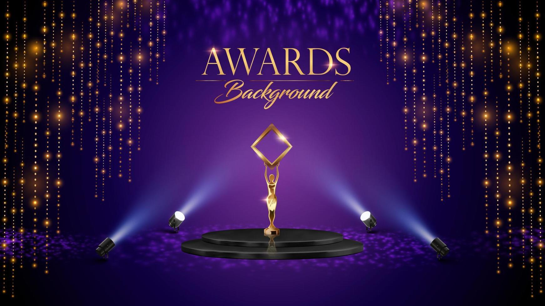 Golden Purple Stage Award Background. Shimmer Lights for Wedding, Marriage, Engagement Ceremony with Trophy. Black Podium Empty Stage Background. Luxury Graphics. Traditional Indian Background. vector