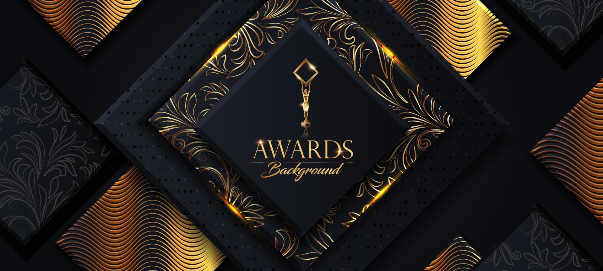 fondo de premio negro y dorado. premio de la Academia. diseño de plantilla moderno abstracto de lujo. elegante fondo geométrico mínimo. Azulejos de diseño chapados en oro de forma cuadrada de diamante. tarjeta de invitación de boda. vector