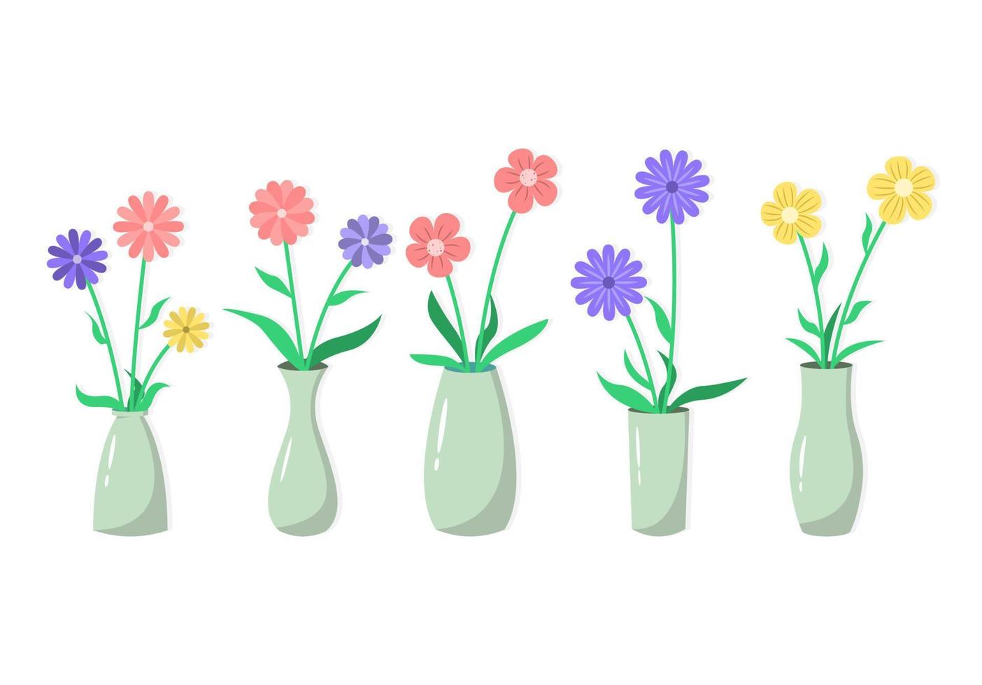 Set of cute flat flowers in vase, home decoration illustration vector