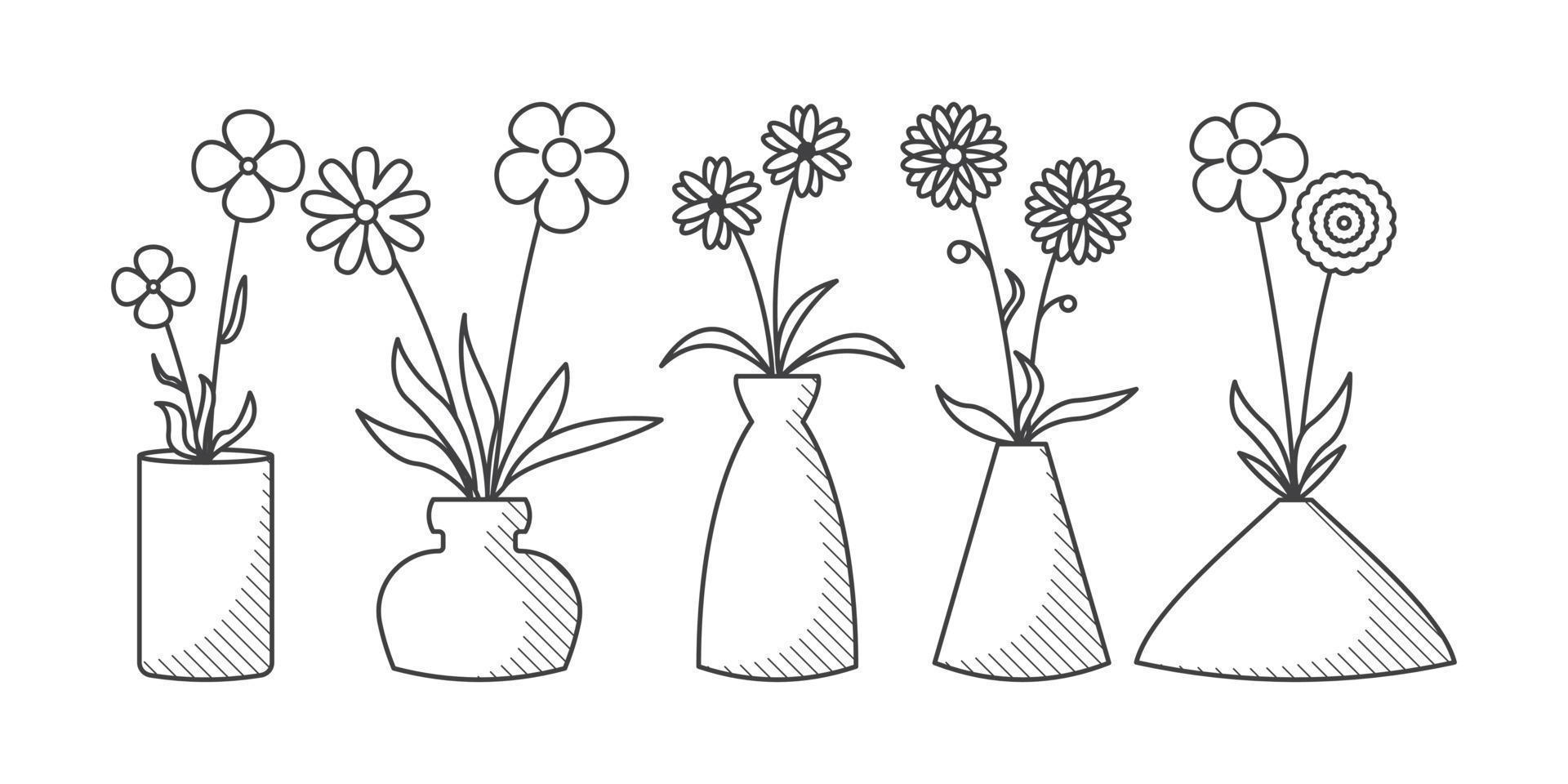 Hand drawn doodle flowers in vase illustration vector