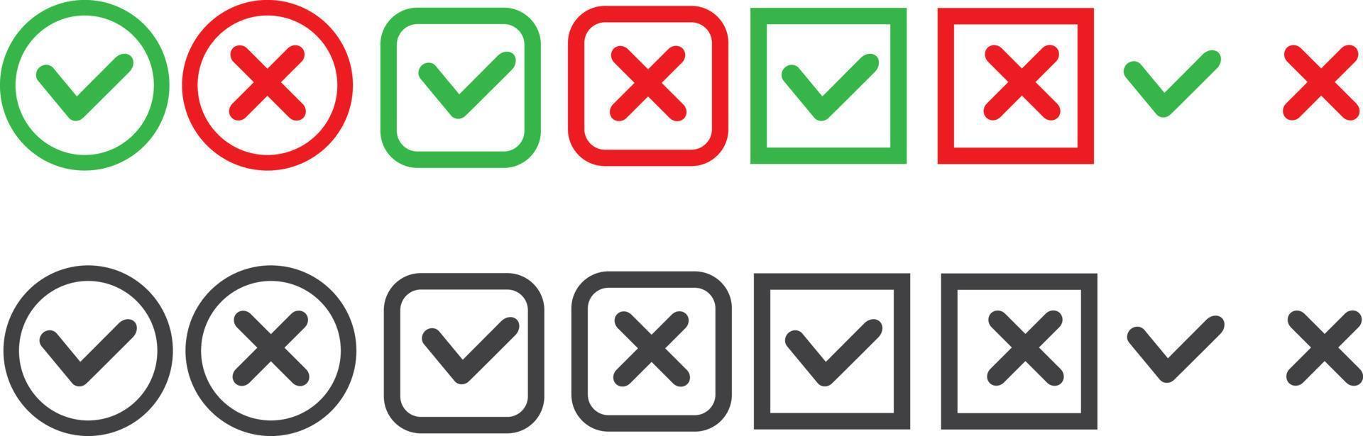 Checkmark icons set for web design. Accept v button, decline x cross button for Ui design. Flat buttons with red and green background. Answers for test questions with right and wrong options. vector