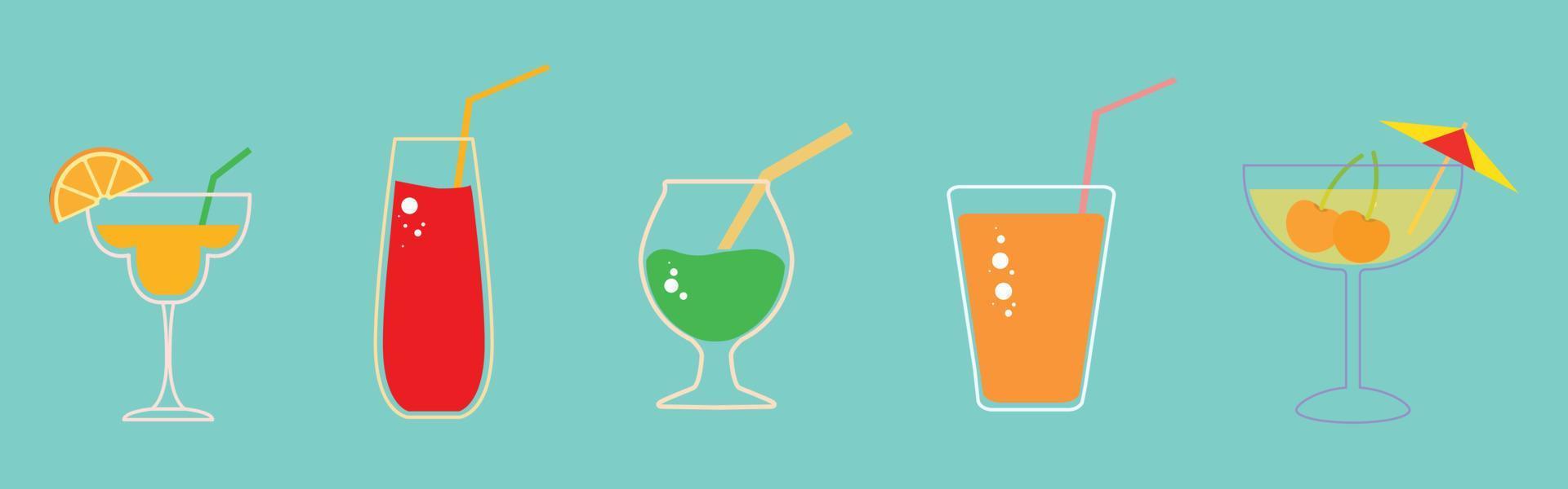 Set of cocktails. Drinks in different types of vintage glasses. Vector illustration of summer cocktails