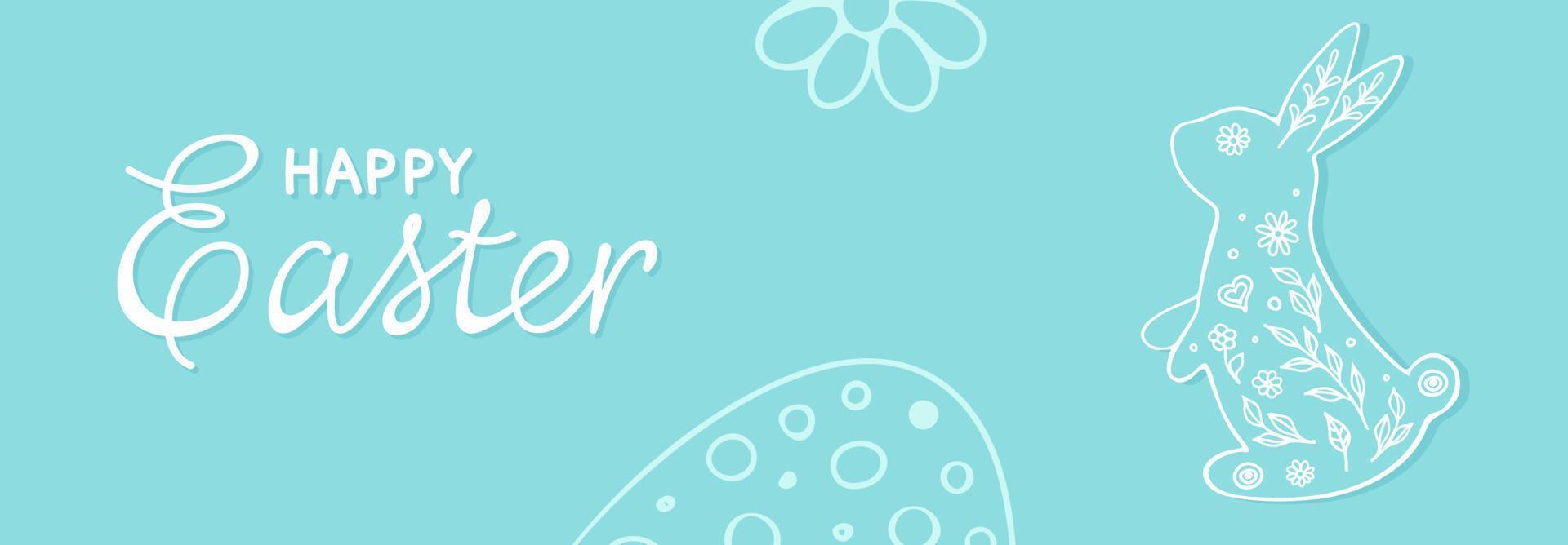 Happy Easter banner. Hand drawn vector illustration with rabbit, eggs, twigs, flowers and lettering for paty Easter design in pastel colors. Good for horizontal poster, greeting card.