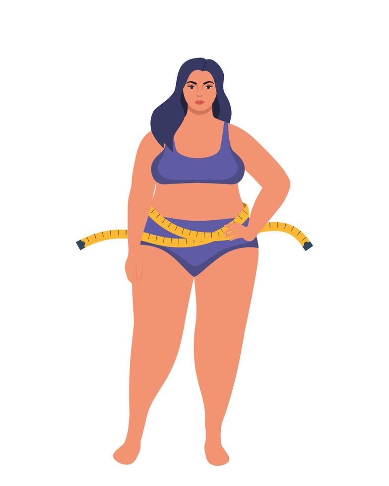 Plus size woman in underwear and measuring tape. Oversize fatty girl. Obesity weight control concept. Overweight female cartoon character full length. Vector illustration.