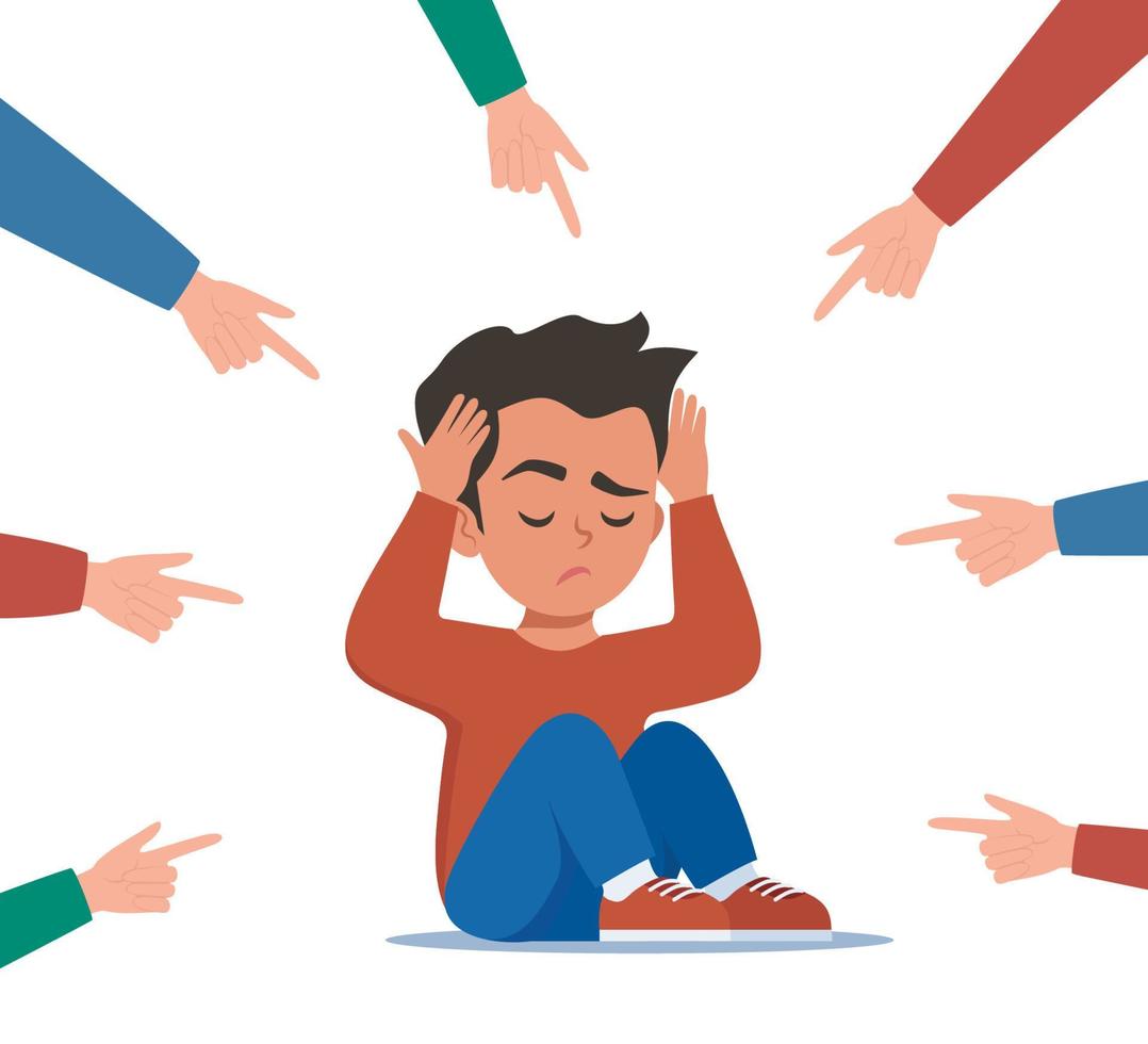 Sad or depressed boy kid surrounded by hands with index fingers pointing at him. Social bullying concept. Public trolling, shaming. Vector illustration.