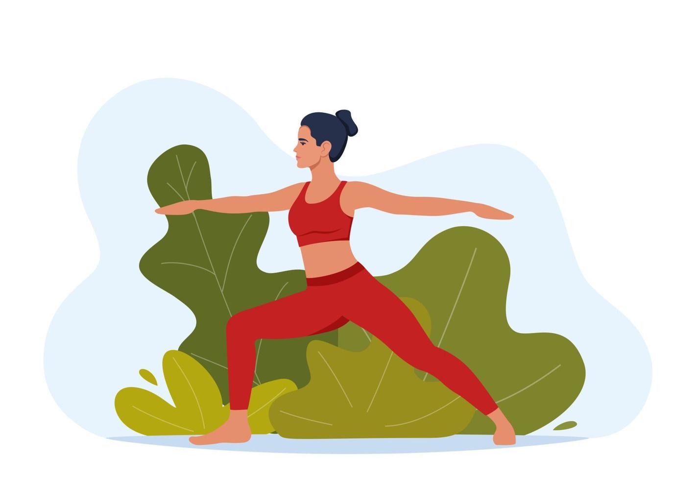 Female character doing yoga exercises on fresh air. Outdoor yoga. Wellness, healthcare and lifestyle concept. Vector illustration.