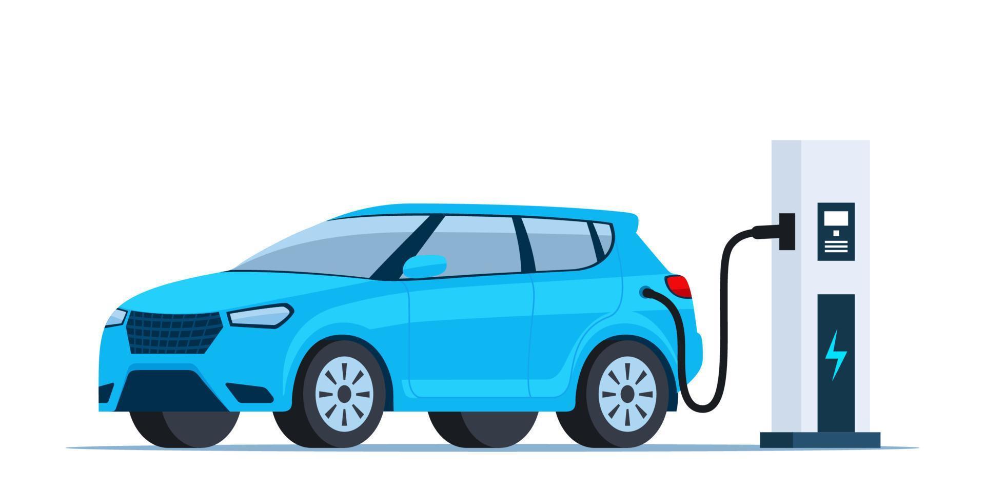 carga de coche eléctrico azul, vista lateral. estación de carga de coches eléctricos. electricidad eco nueva tecnología coches del futuro. ilustración vectorial vector