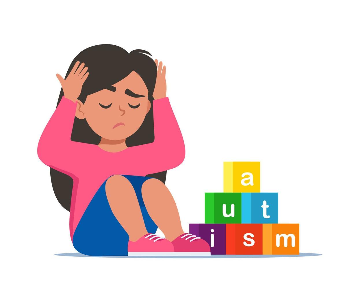 concepto de autismo. chica sintiéndose sola. niño triste sentado en el suelo rodeado de juguetes de cubos con palabra autismo. niño tapó los oídos con las manos. ilustración vectorial vector