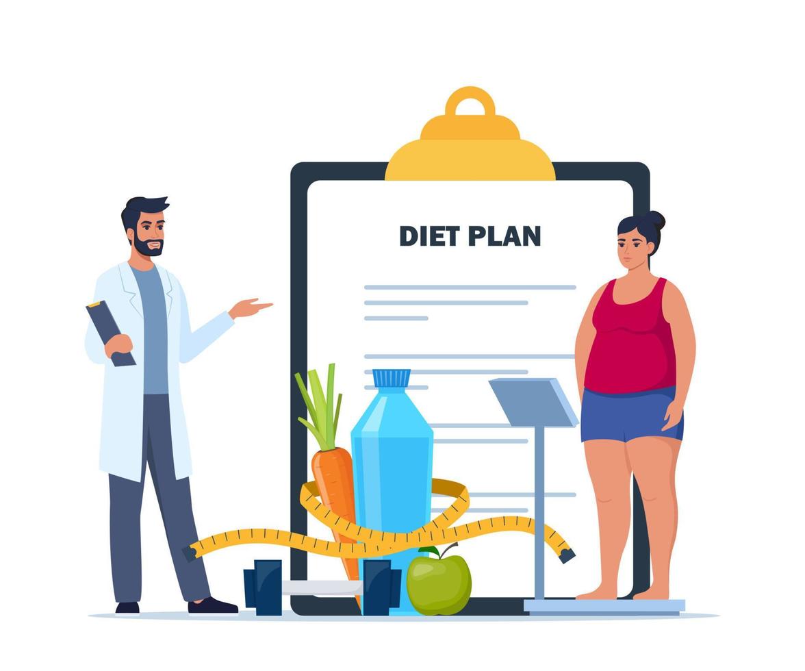 Fat woman standing on weigh scales. Doctor explain about health and how to loose weight. Diet plan checklist. Healthy food and sports. Vector illustration.