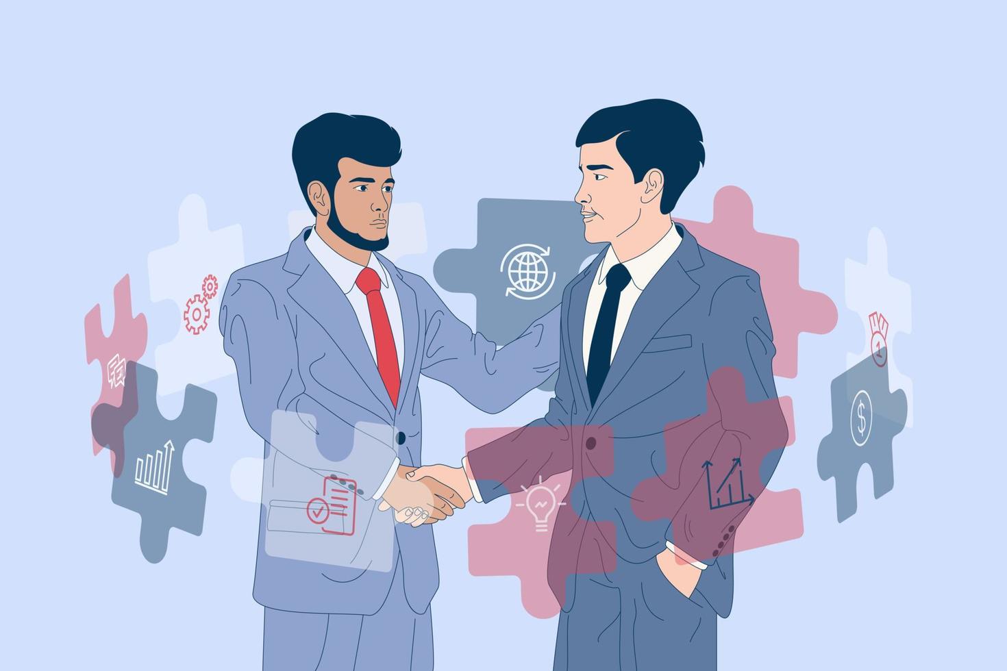 arte conceptual de colaboración empresarial. dos hombres en trajes de negocios dándose la mano. colaboración de Negocios vector