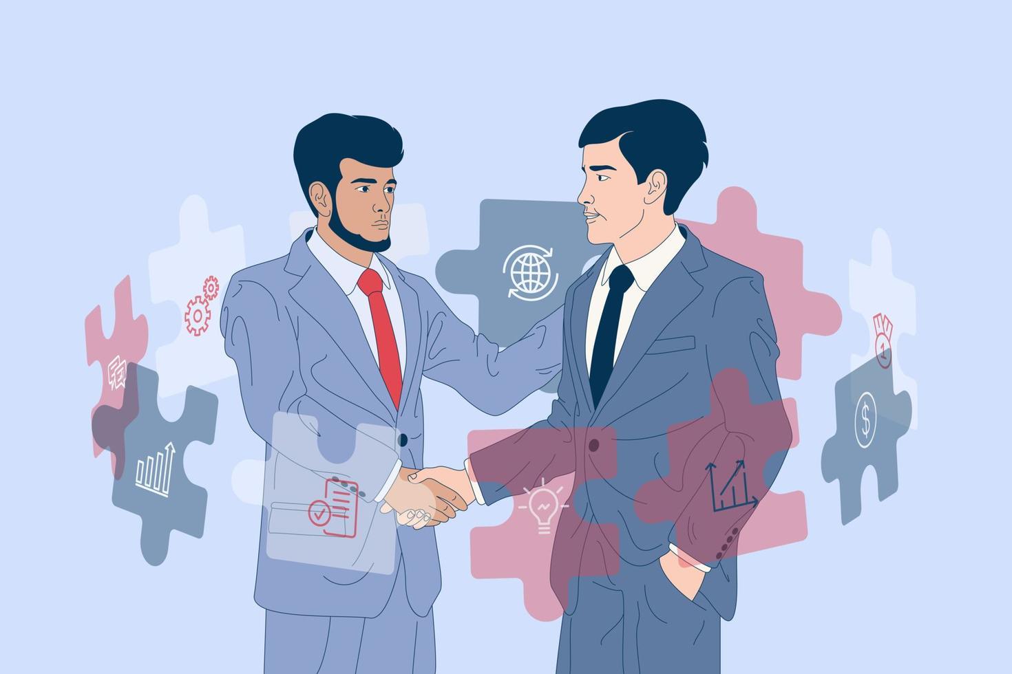 Business collaboration concept art. Two men in business suits shaking hands. Business collaboration vector