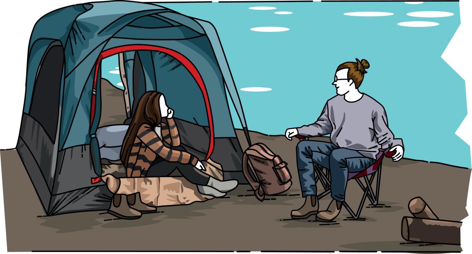 Illustration a couple is comfortably camping near a lake vector design