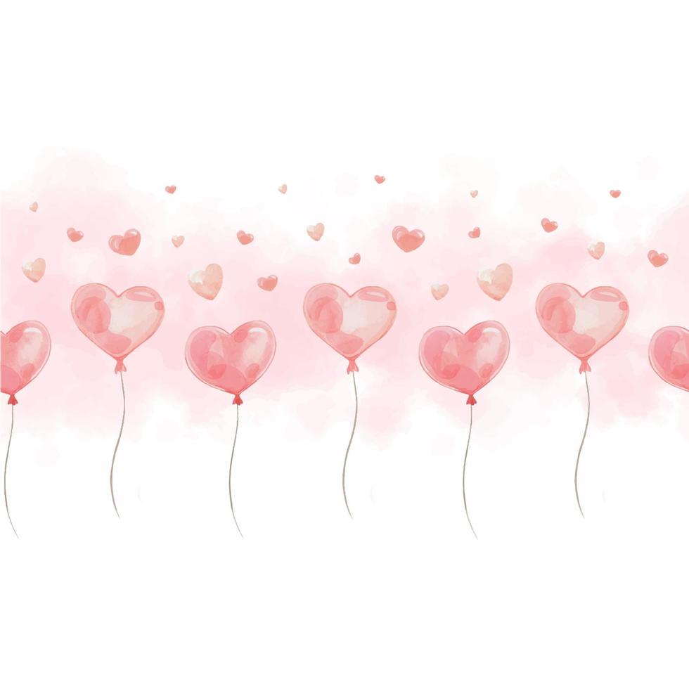 Heart-shaped balloons and hearts on a white background. Watercolor seamless border. Perfect for wrapping paper, background, wallpaper, textile design for Valentine's day. vector