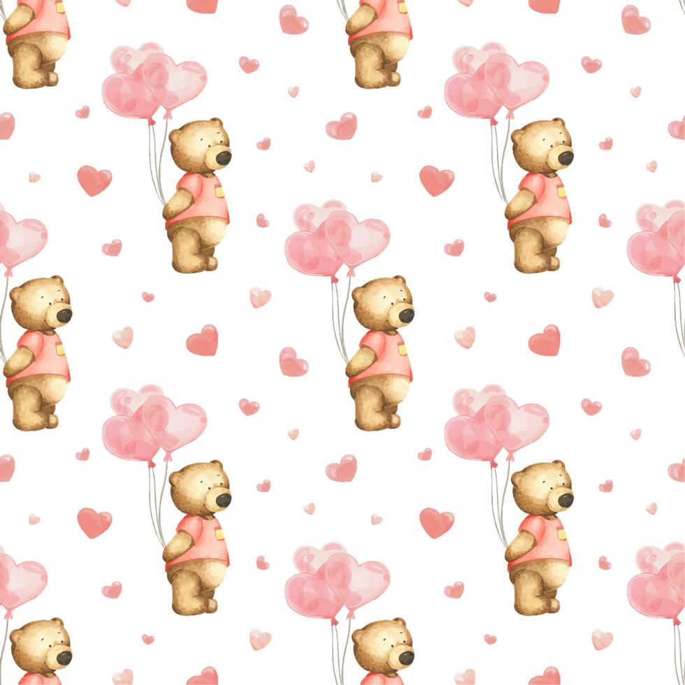 Teddy bears, heart-shaped air balloons and hearts on the white background. Watercolor seamless pattern St. Valentine's day. Perfect for wrapping paper, background, wallpaper, textile design. vector