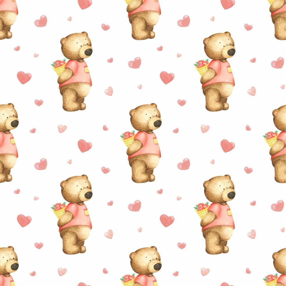 Teddy bears with a bouquet of flowers and hearts on a white background Watercolor seamless pattern for Valentine's Day. Ideal for wrapping paper, background, wallpaper, textile design. vector