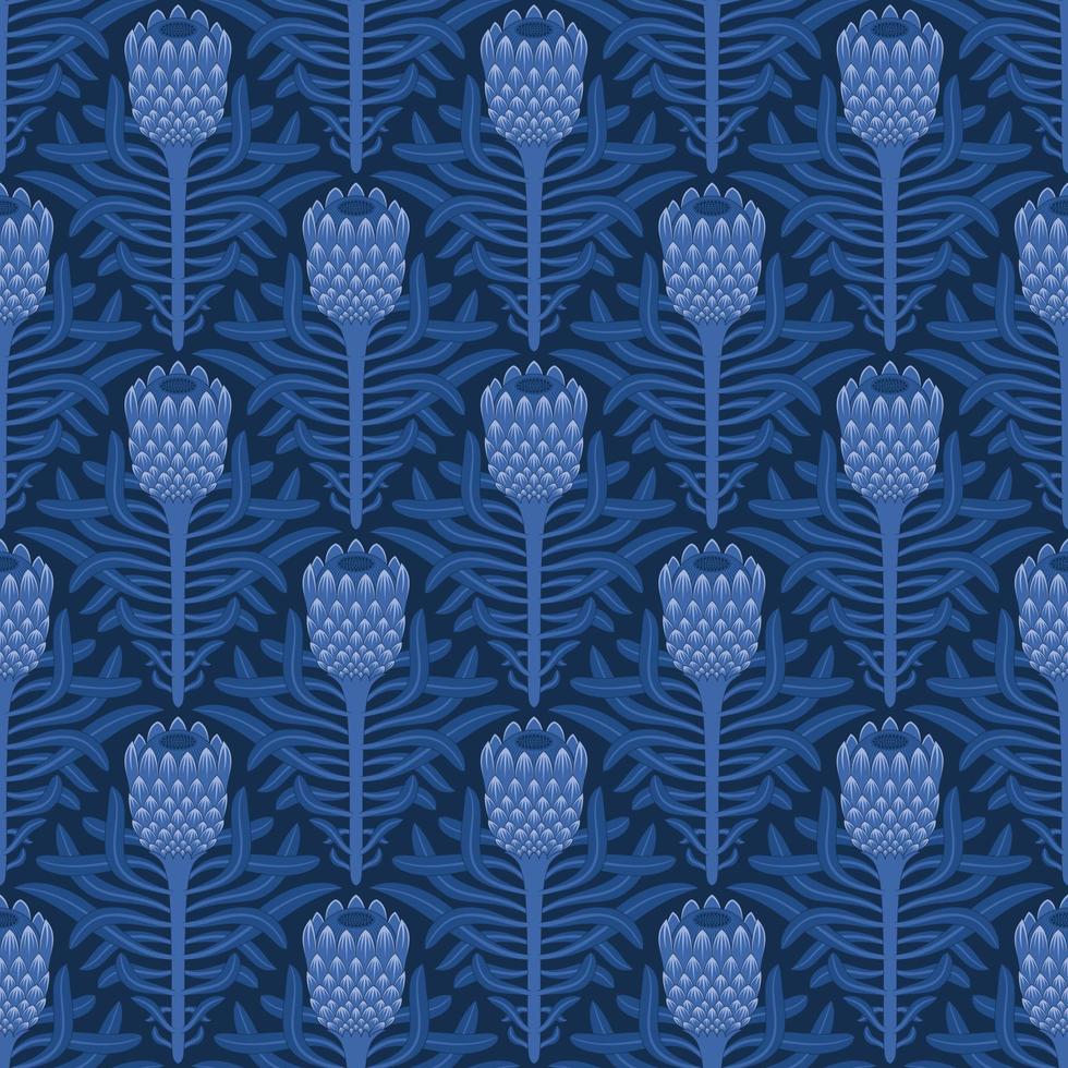 BLUE SEAMLESS VECTOR BACKGROUND WITH STYLIZED BLOOMING PROTEA