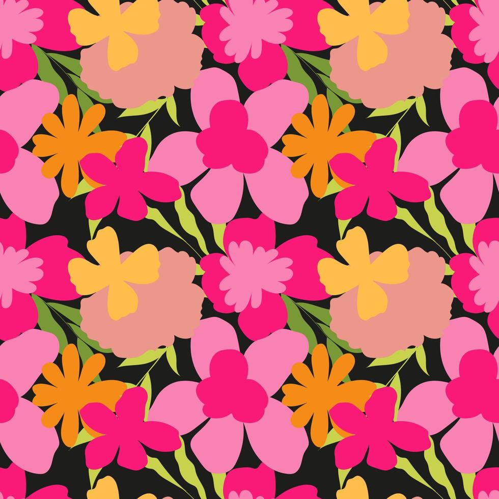 Vector seamless floral pattern. Bright abstract flowers on a black background.