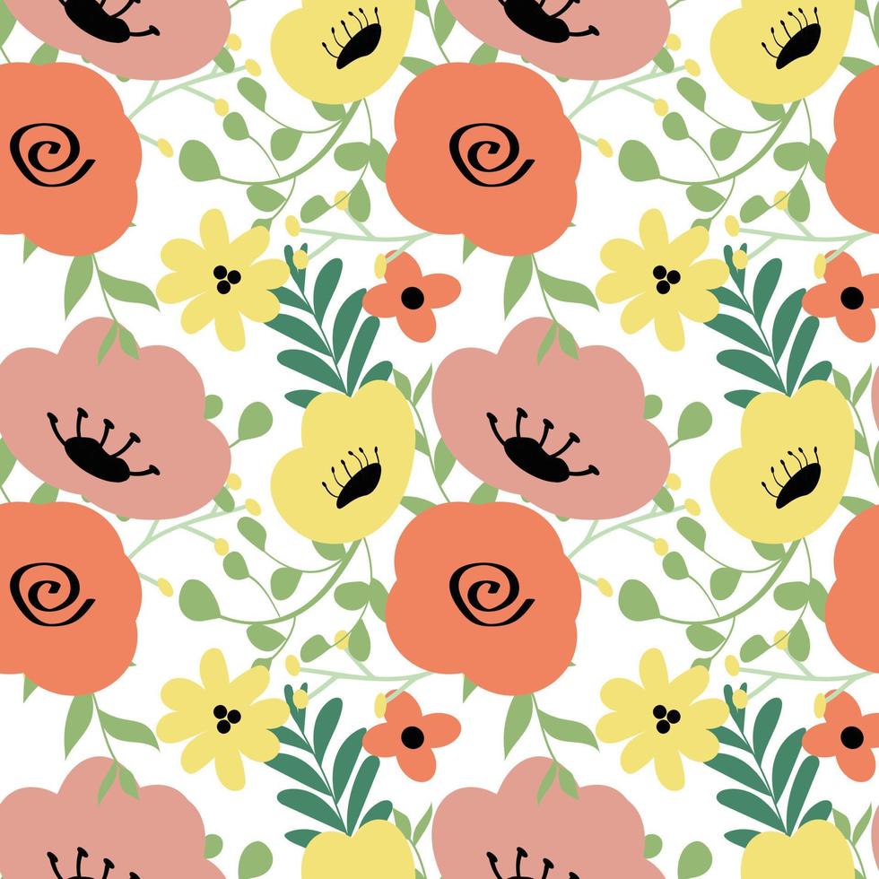 Seamless vector floral pattern. Endless ornament with flowers and leaves on a white background.