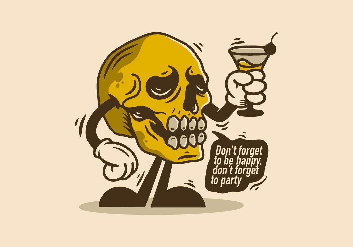 character illustration of skull head holding a wine glass vector