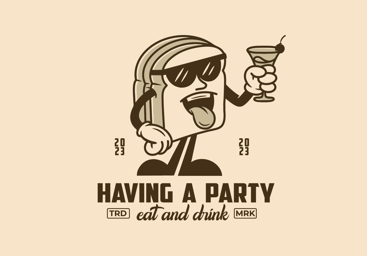 Illustration character badge design of a bread holding a drink vector