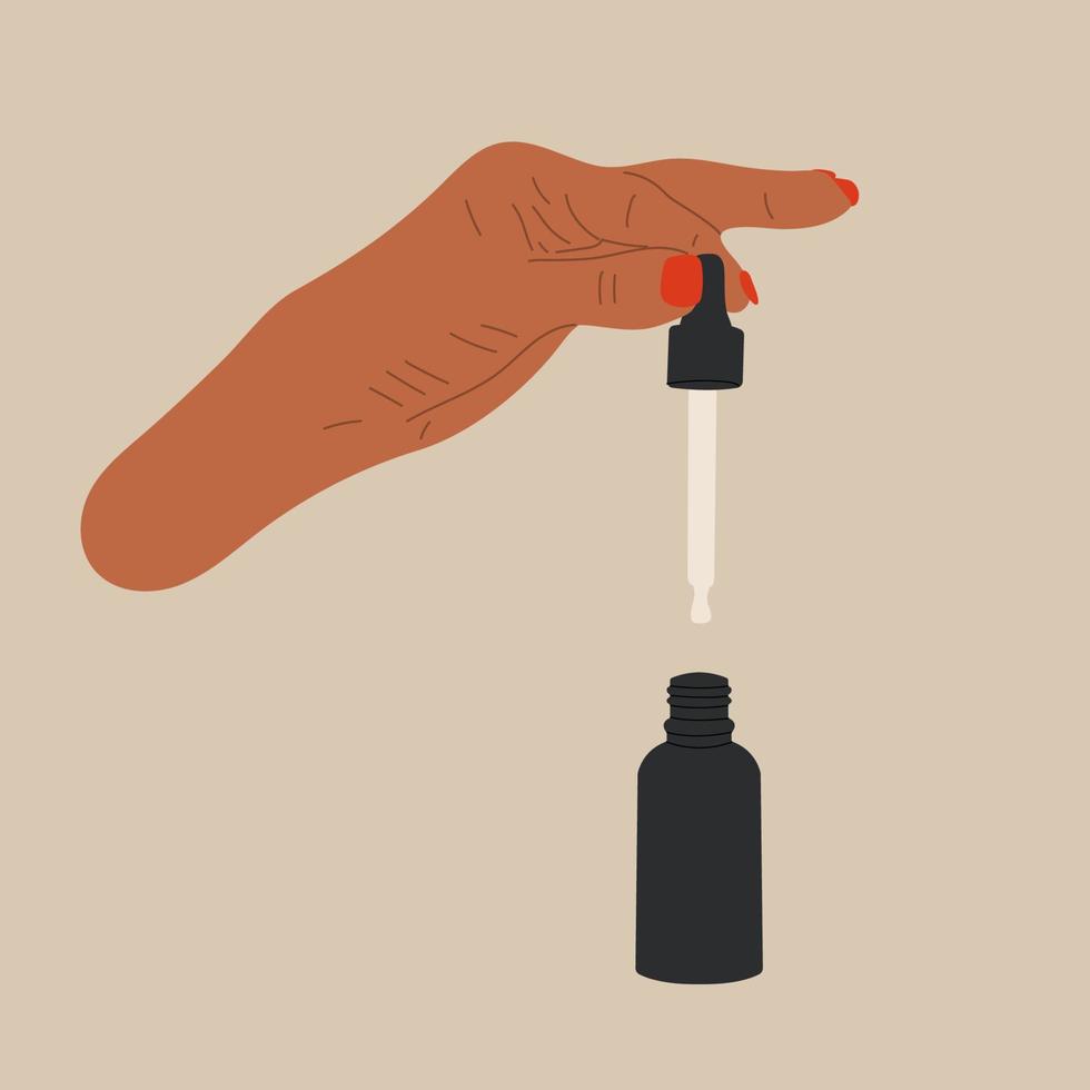 Female hand holds pipette for skincare with oil serum bottle, cream. Hand draw vector illustration