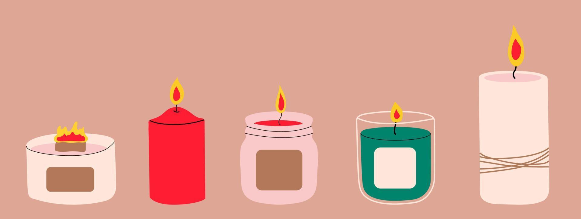 Various Candles. Different shapes and sizes. Pillar, jar candle, square, container candle, multi wick. Decorative wax candles for relax and spa. vector