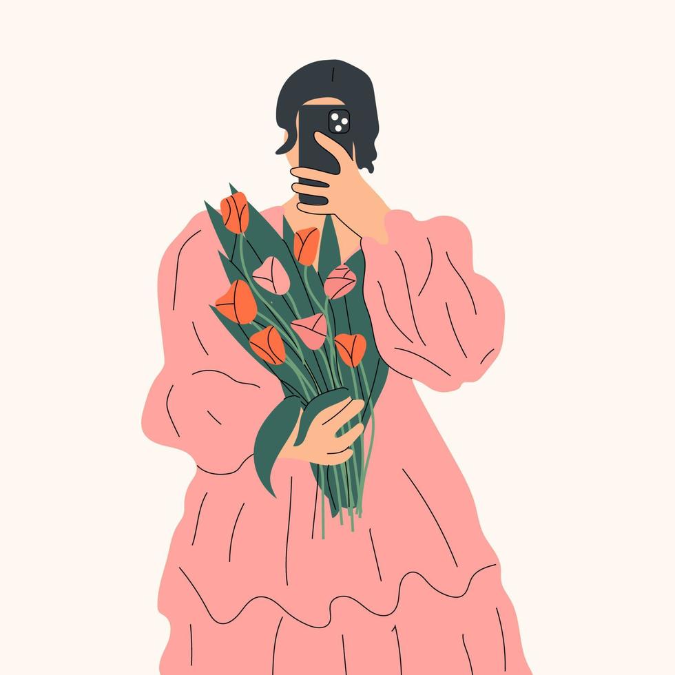 una mujer sostiene un ramo de tulipanes. concepto de feminidad, feminismo, prosperidad y amor propio. vector