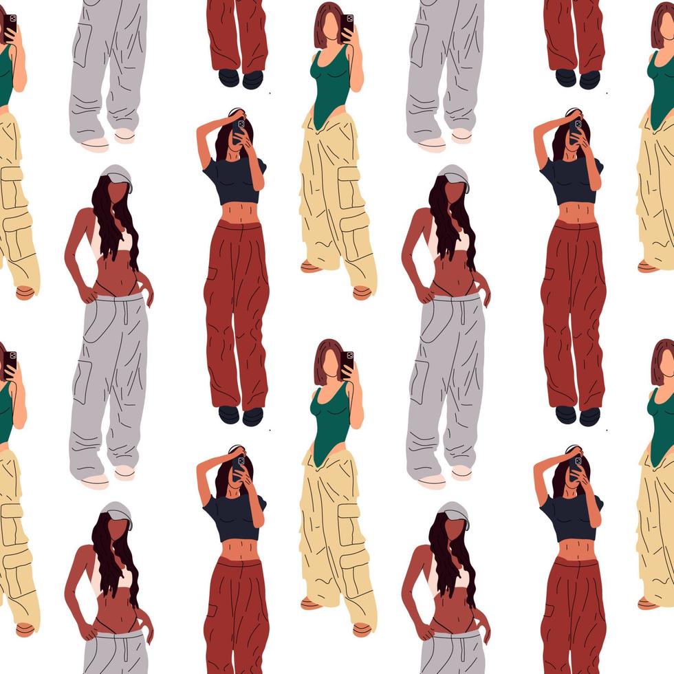 Seamless Pattern with beautiful young women in a fashionable clothes military style 90s 2000s in full growth posing . Hand drawn sketch. Vector illustration.