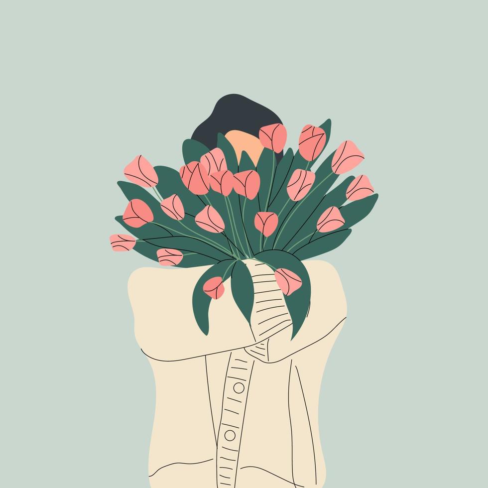 A woman is holding a bouquet of tulips. Femininity, feminism, prosperity and self love concept. vector