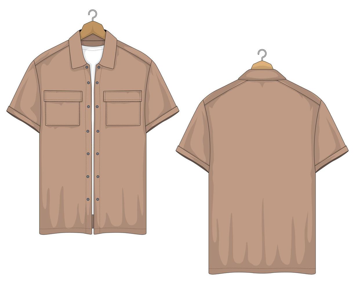 vista frontal y posterior de la plantilla de camisa marrón de manga corta vector