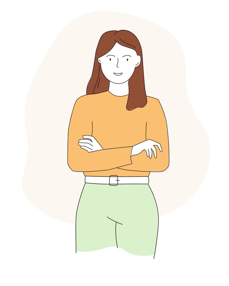The girl is standing with her arms crossed. A woman in a closed pose smiles. Vector linear style graphics.