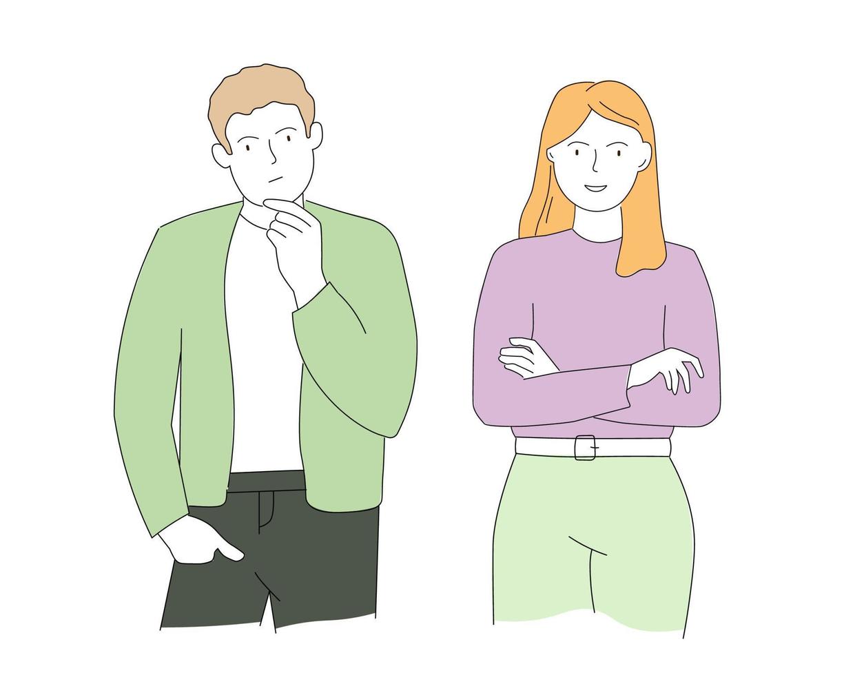 A man and a woman talk, think, make gestures. A girl with her arms crossed. Vector graphics of characters in a linear style.